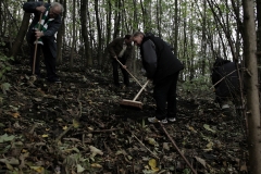 Fans clearing the leaves on the former terrace